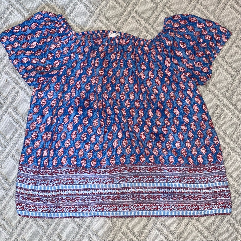 beachlunchlounge blue red paisley off shoulder cap sleeve peasant top size Large